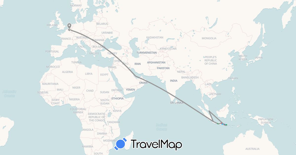 TravelMap itinerary: driving, bus, plane, cycling, hiking, boat, motorbike in Belgium, Indonesia, Qatar, Singapore (Asia, Europe)